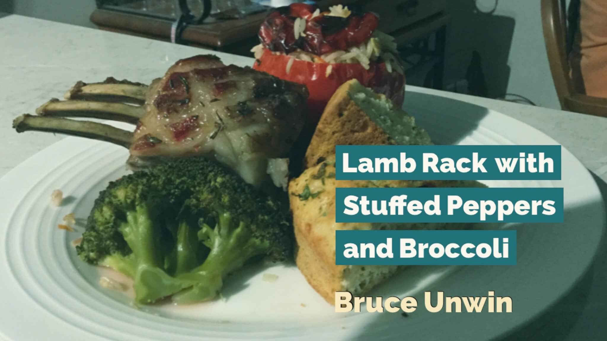 Lamb Rack with Stuffed Peppers and Broccoli